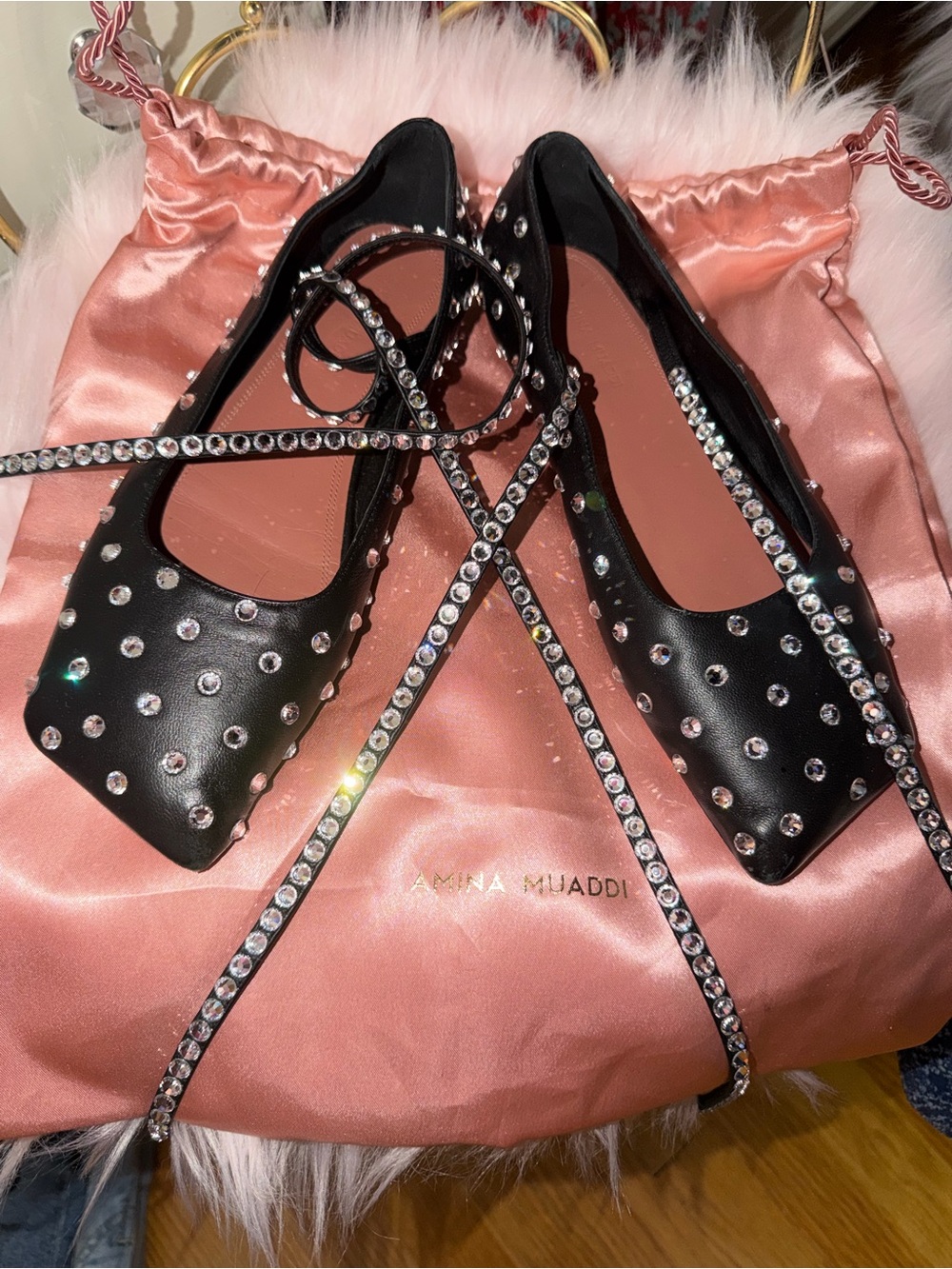 Amina Muaddi Black Crystal-Embellished Pointed Flats